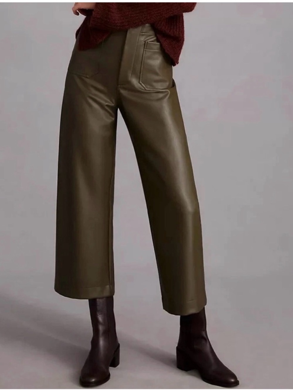 Anthro Maeve Colette Green Faux Leather Wide Leg Crop High Rise Trousers Sz 30